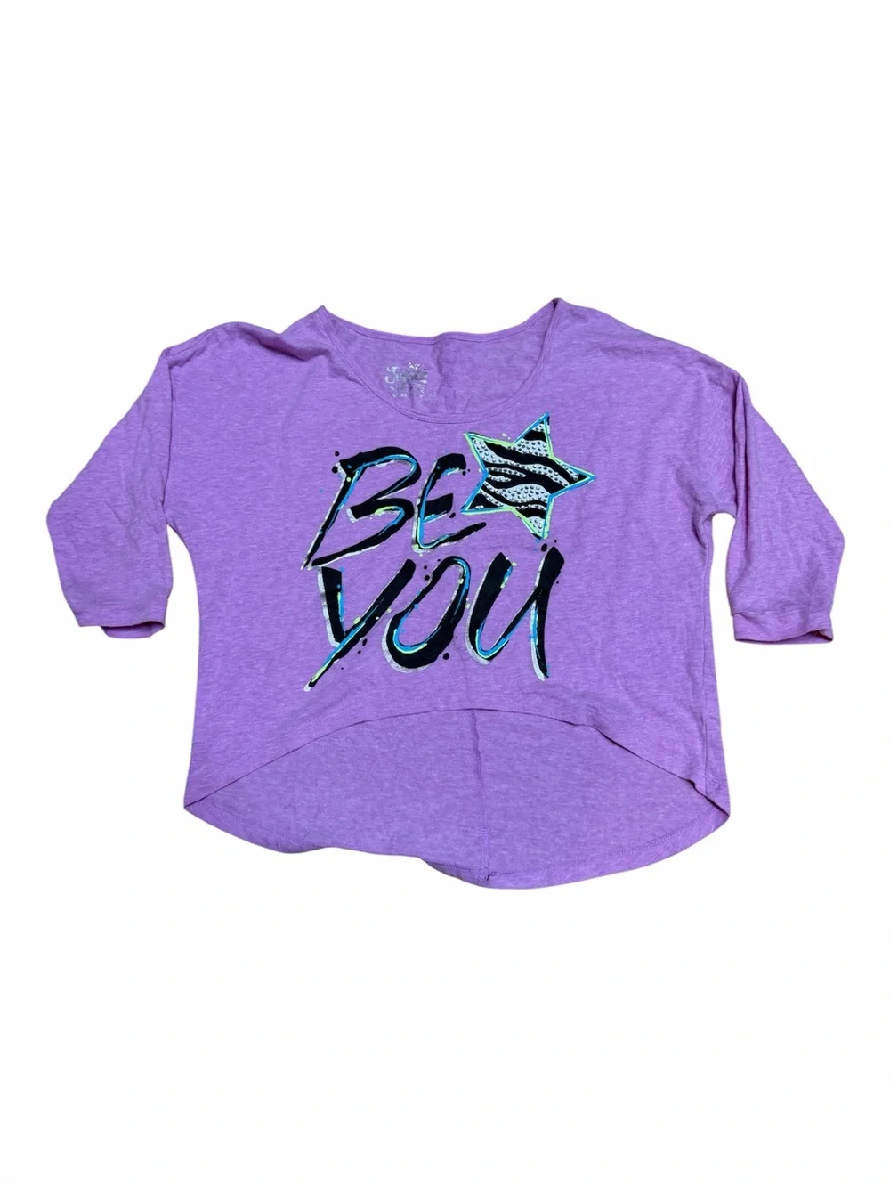 Justice Girls Be You Graphic High Low Top Purple Animal Print Star Tee Size 12